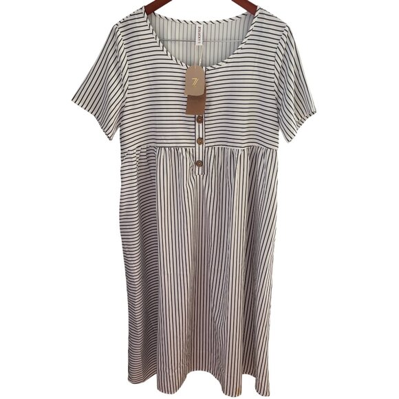 Zolucky Women's Midi Dress Sz Large White w/ Gray Pin Stripes Side Pockets Soft - Picture 8 of 12